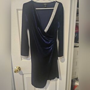 Midnight Blue Velvet Wrap Dress with Rhinestone Trim EUC